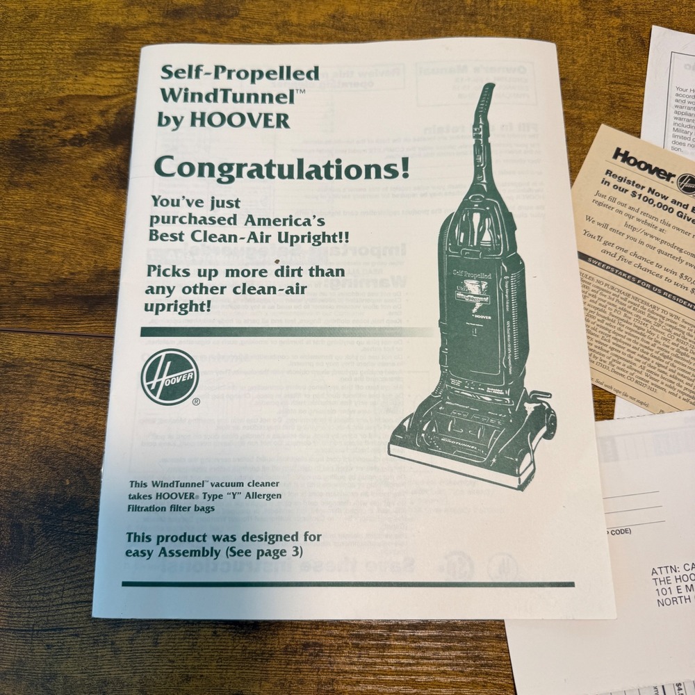 Hoover Self-Propelled WindTunnel Manual Warranty Registration U6425 U6445 1998 - Picture 3 of 7